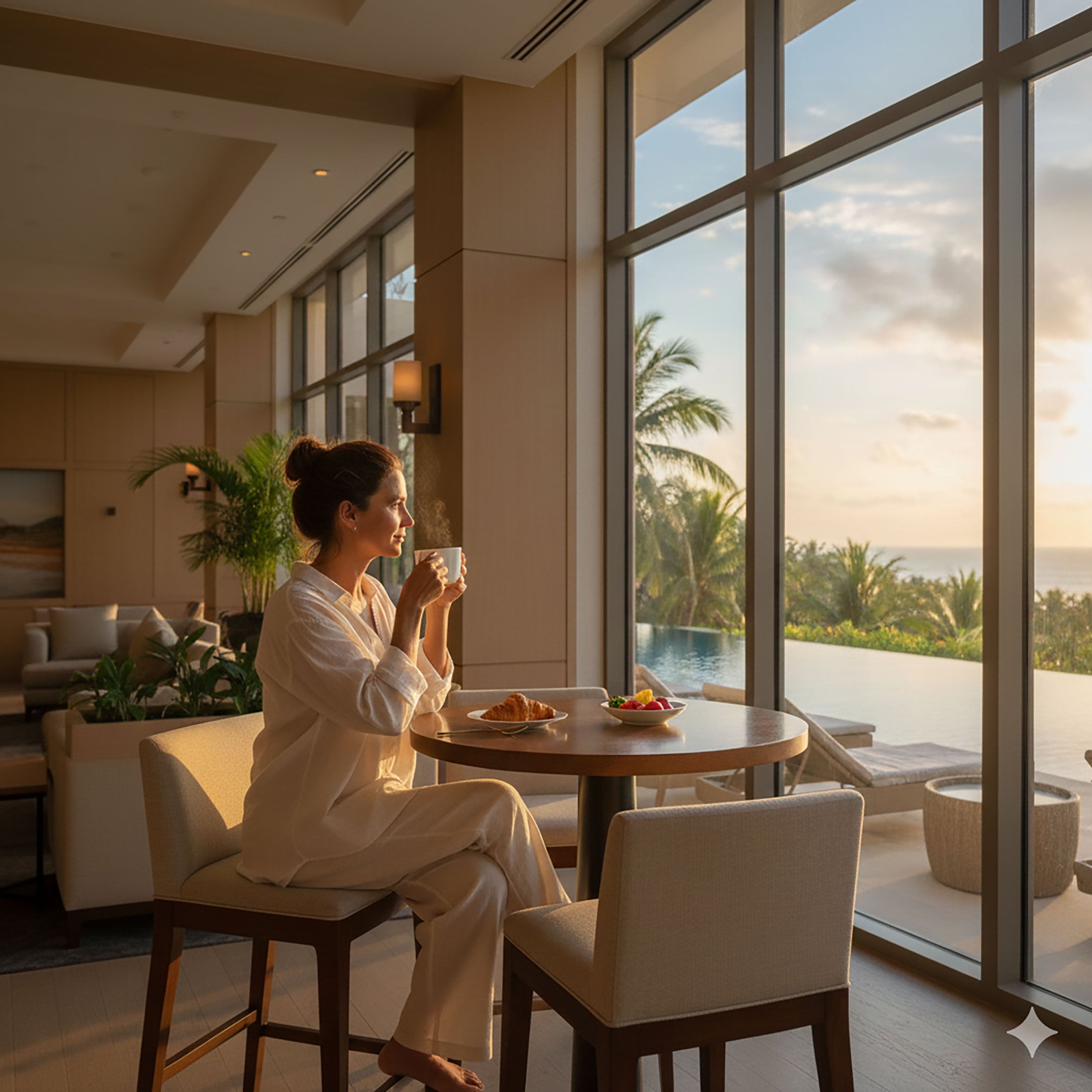 A woman enjoying a morning coffee and croissant by a large window with a view of a resort pool and the ocean.