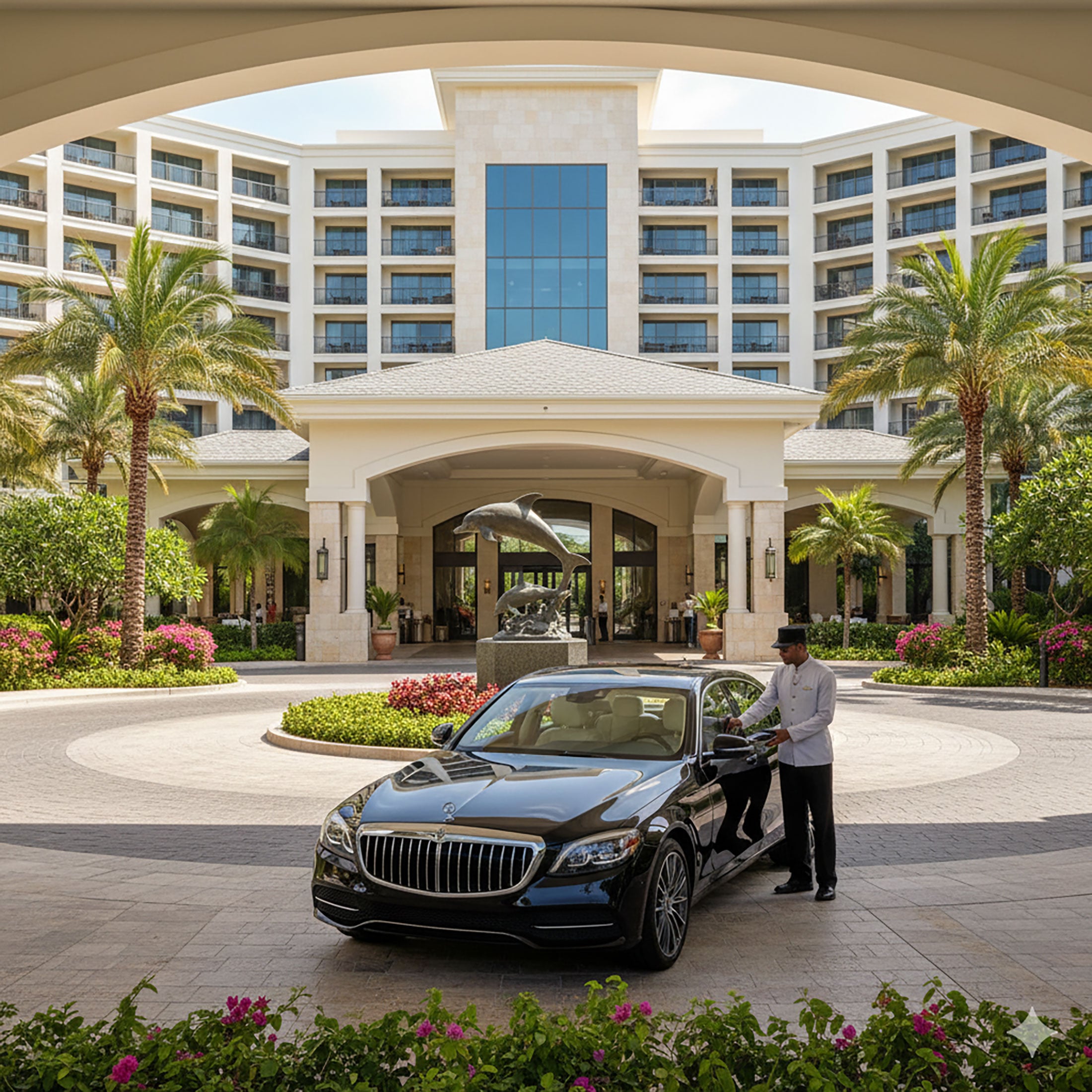 A chauffeur opening the door of a black luxury sedan at the grand, palm-lined entrance of a large resort.