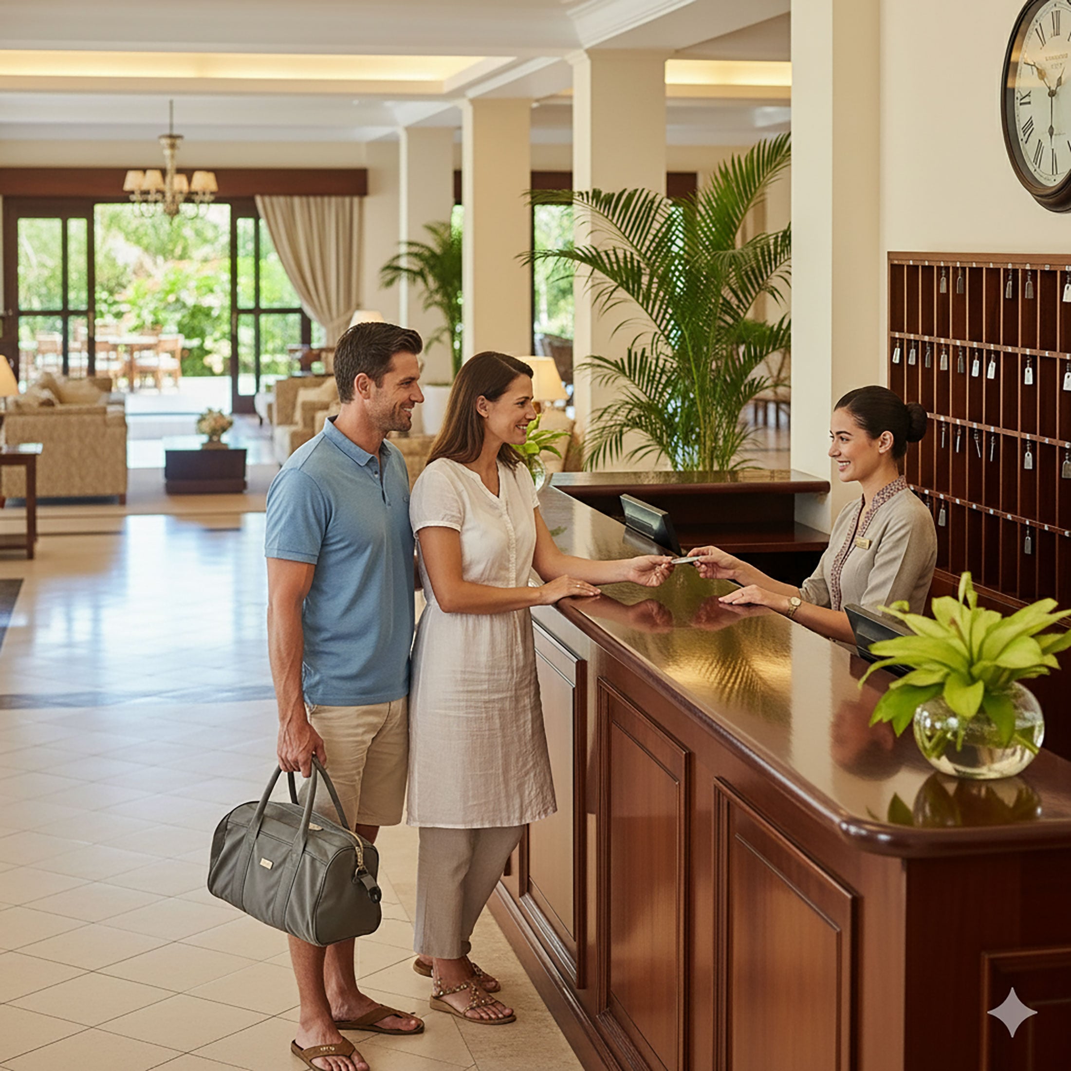 A smiling couple checking into a luxury resort at a polished wood reception desk with a friendly concierge.