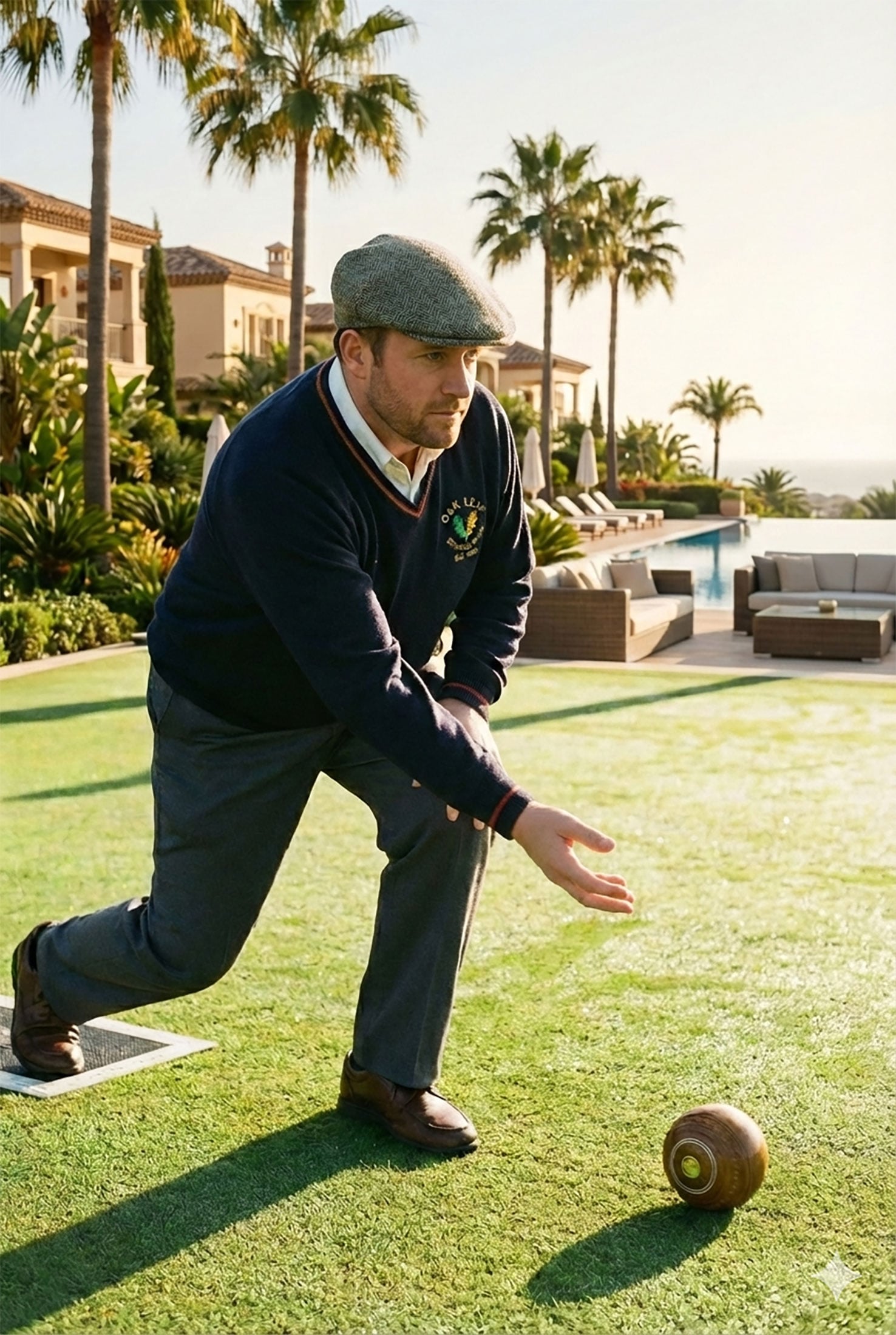A man in a flat cap and sweater playing lawn bowls on a manicured green near a resort pool at sunset.