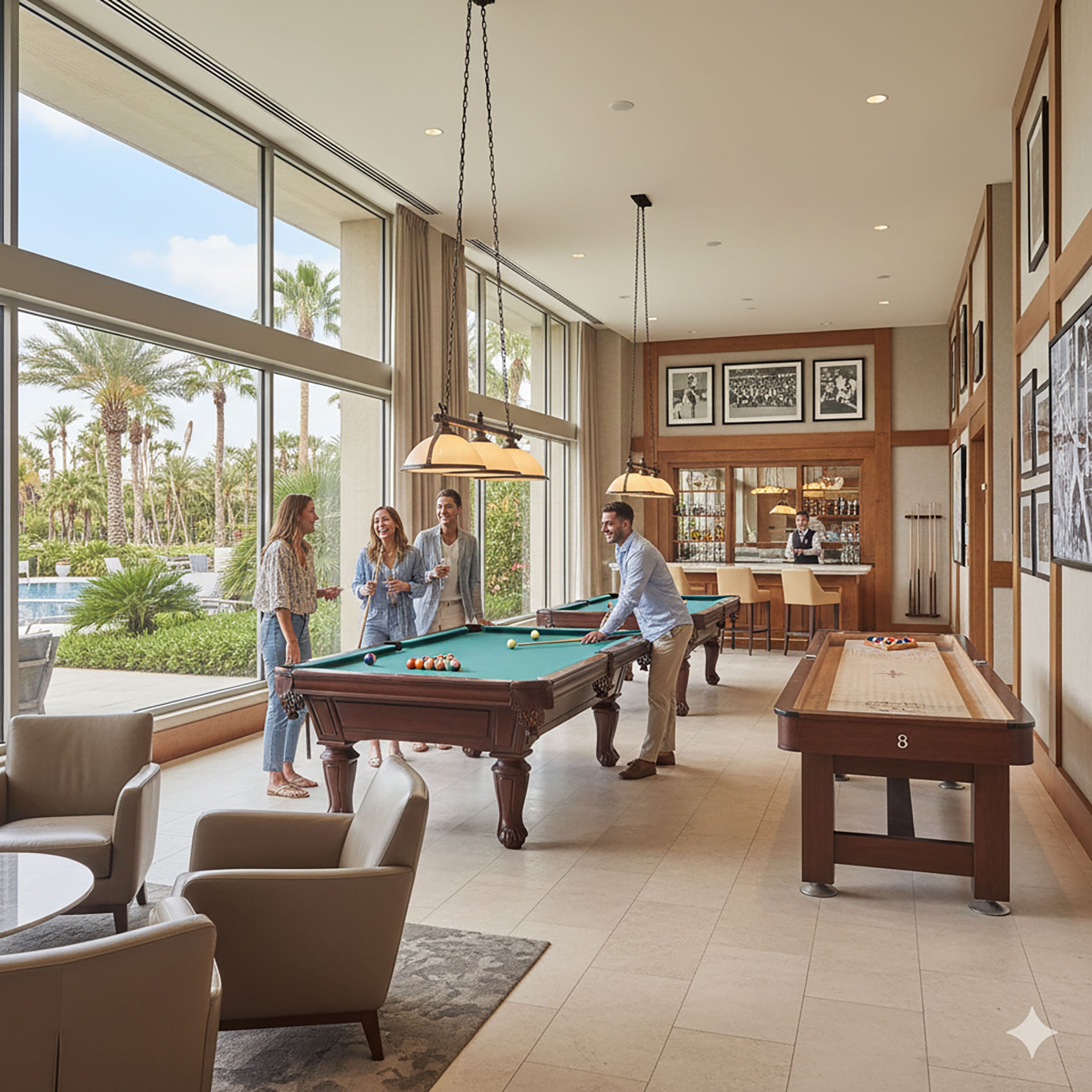 Bright recreation room at a resort featuring a billiard table, shuffleboard, and guests socializing near large windows.
