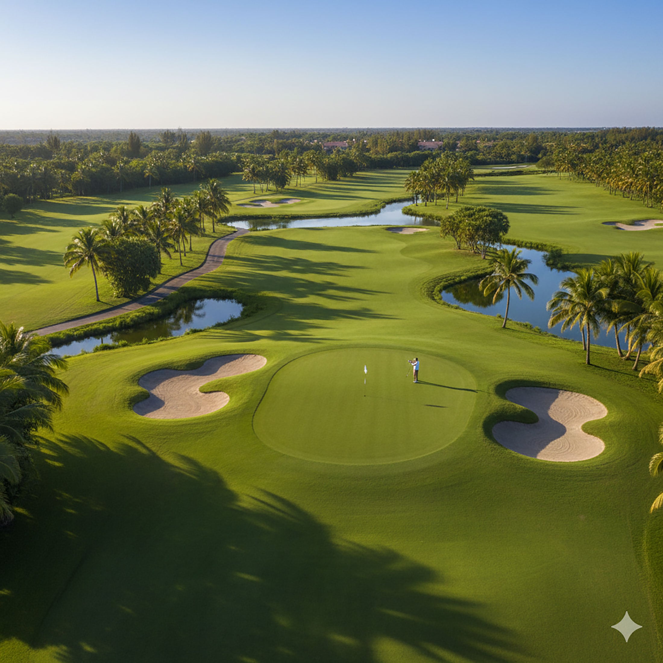 Lush green golf course green with white sand bunkers and a winding water hazard, surrounded by tropical palm trees.