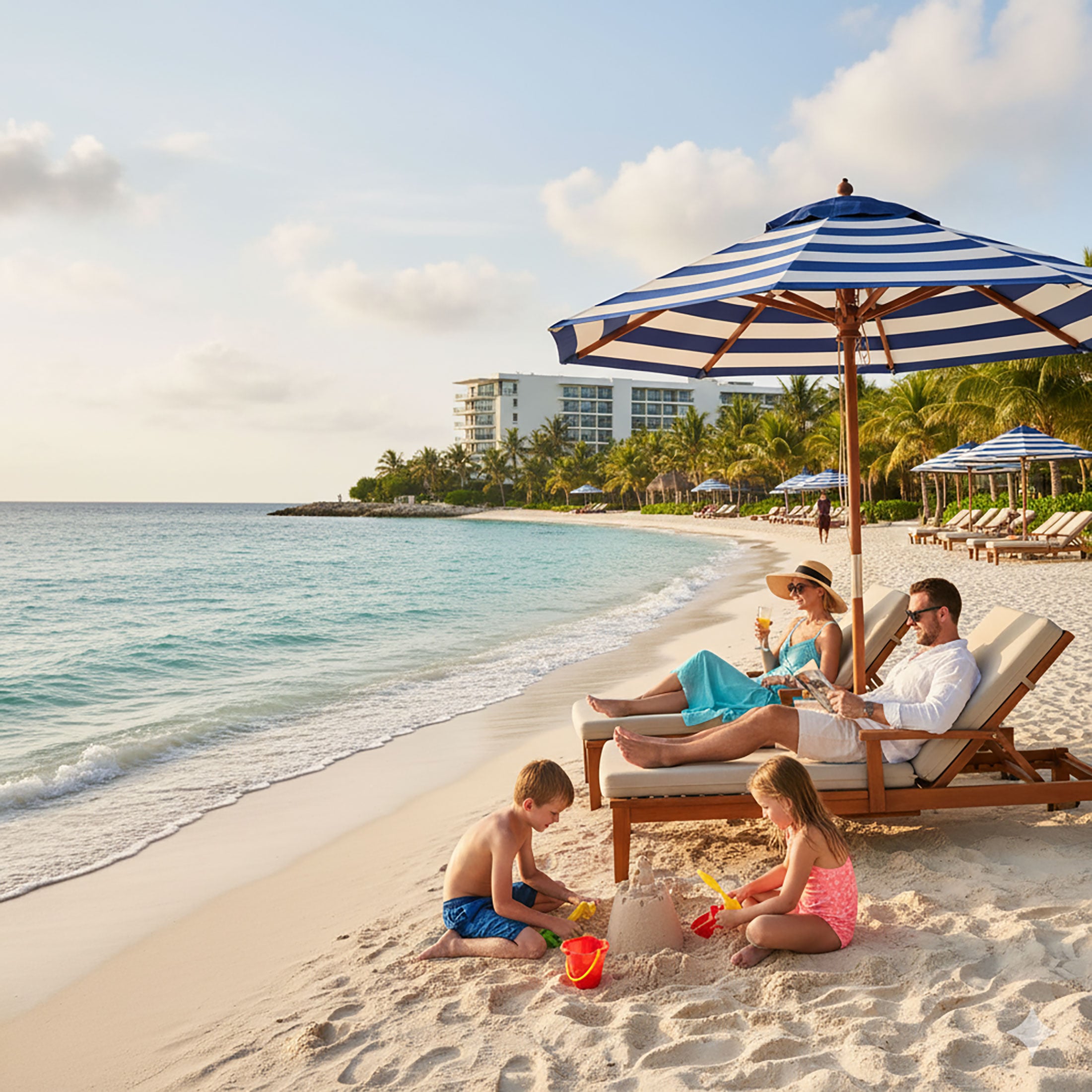 A family relaxing on a tropical white sand beach with blue-striped umbrellas and luxury resort buildings in the back.