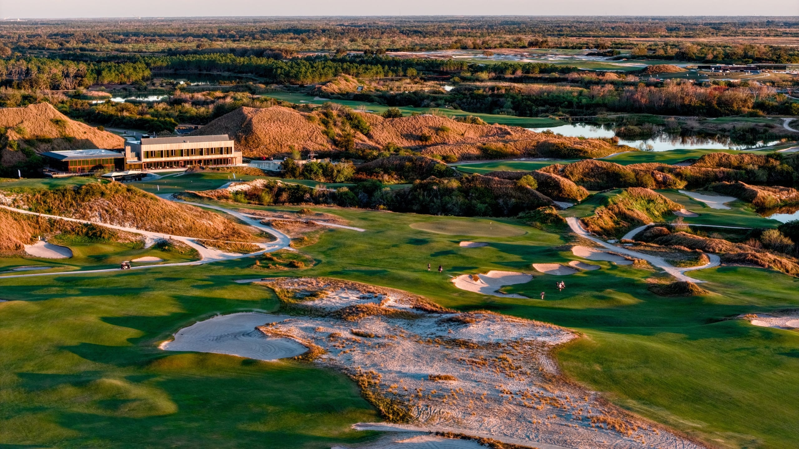 Aerial view of a Streamsong Resort golf course, in view of the Lodge