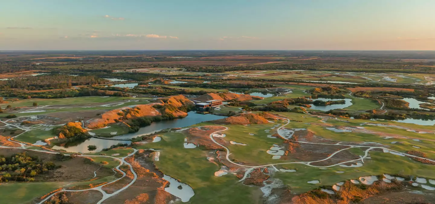 Arial photo of the golf course through the marsh at Streamsong.